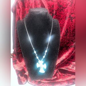 Elegant Blue & Silver  Cross Pendant Black & Blue beads Necklace 18”